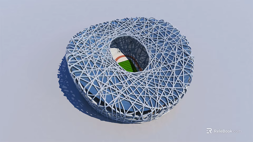 Iconic Bird's Nest National Stadium Exterior With Steel Latticed Circular Design And Green Field 3d model 