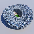 Iconic Bird's Nest National Stadium Exterior With Steel Latticed Circular Design And Green Field