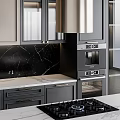 Modern Kitchen With Gray And Beige Cabinets Marble Island Stainless Steel Range Hood And Appliances