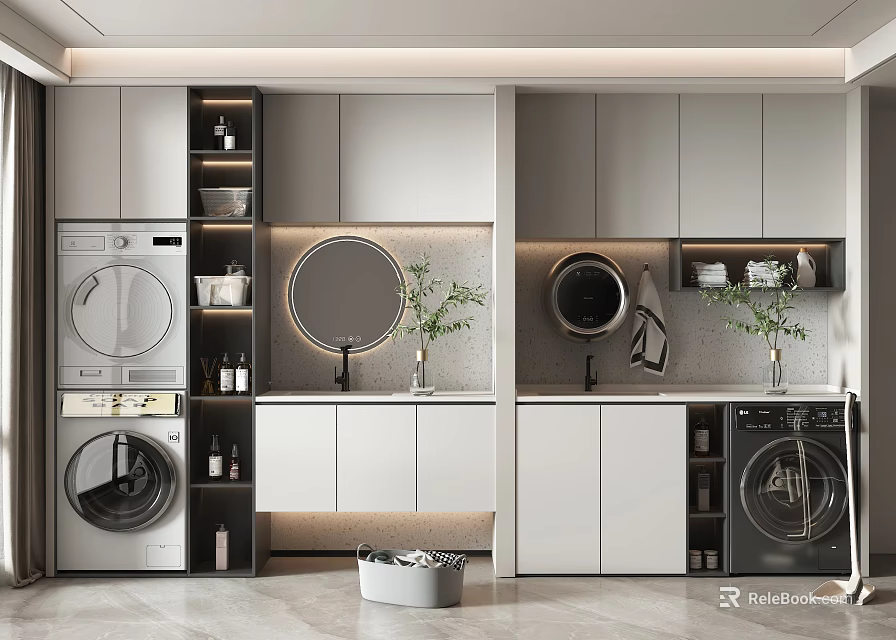 Modern Bathroom Cabinet Design With Double Sink Round Mirror Washing Machine And Green Plants 3d model 