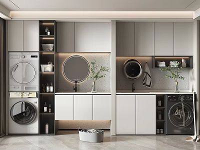 Modern Bathroom Cabinet Design With Double Sink Round Mirror Washing Machine And Green Plants 3d model