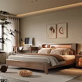 Warm Bedroom Interior Featuring Wooden Bed Nightstand Wall Art Desk With Computer And Cozy Rug