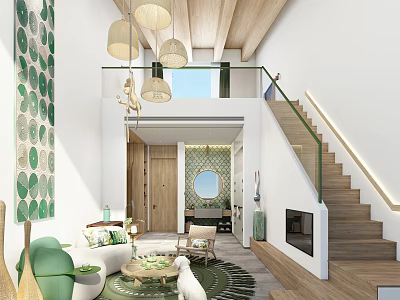 Hotel Public Lounge Area With Modern Green Sofa Wooden Ceiling Pendant Lights And Round Rug 3d model