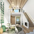 Hotel Public Lounge Area With Modern Green Sofa Wooden Ceiling Pendant Lights And Round Rug