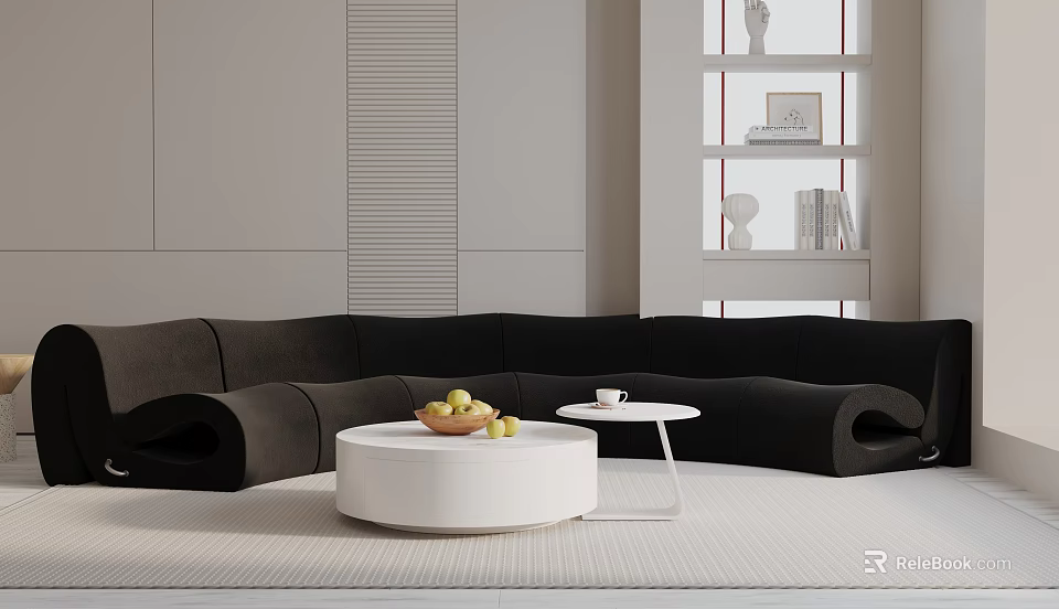 Modern Black Three Seater Sofa With Round White Coffee Table And Fruits 3d model 