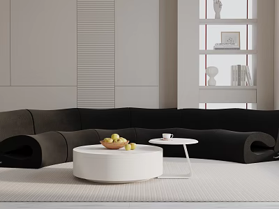 Modern Black Three Seater Sofa With Round White Coffee Table And Fruits 3d model