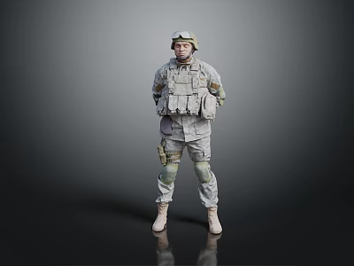 Game Movie Military Character in Tactical Uniform With Full Gear Standing Neutral Gray Background 3d model