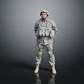 Game Movie Military Character in Tactical Uniform With Full Gear Standing Neutral Gray Background