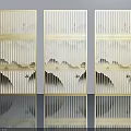 Three Panel Chinese Style Hinged Doors With Vertical Stripes And Landscape Artwork 3d model