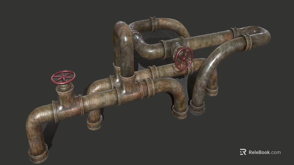 Metal Pipes With Red Valve Wheels And Industrial Plumbing Connections 3d model 