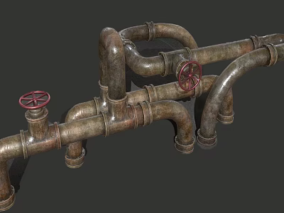 Metal Pipes With Red Valve Wheels And Industrial Plumbing Connections 3d model