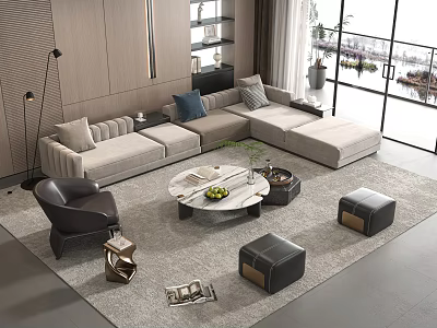 Modern Light Colored L Shaped Sofa and Coffee Table Set with Accent Chair and Ottomans 3d model