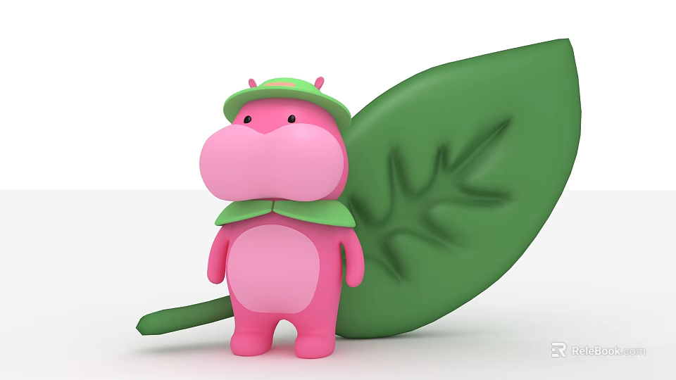 Inflatable Pink Cartoon Hippo Figure With Green Hat Bowtie And Big Leaf 3d model 