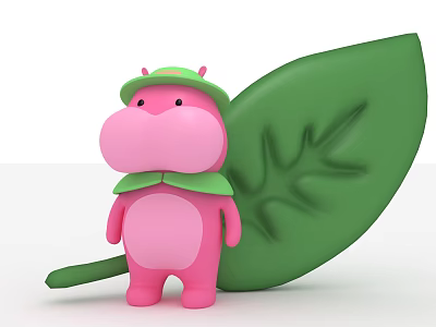Inflatable Pink Cartoon Hippo Figure With Green Hat Bowtie And Big Leaf 3d model