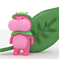 Inflatable Pink Cartoon Hippo Figure With Green Hat Bowtie And Big Leaf