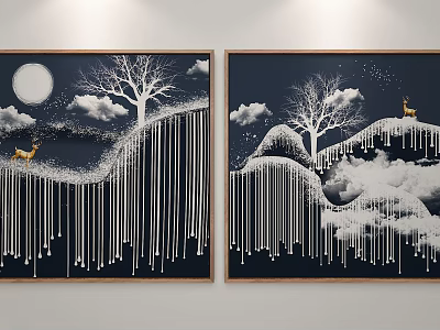 Two Panel Wall Art with Tree Moon Clouds Deer Mountain and Dripping Lines 3d model