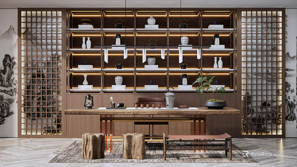 Modern Tea Room Interior With Wooden Shelves Tea Sets Hanging Lights And Wooden Tea Table 3d model 