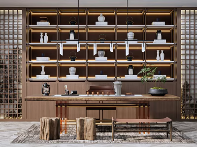 Modern Tea Room Interior With Wooden Shelves Tea Sets Hanging Lights And Wooden Tea Table 3d model