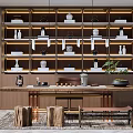Modern Tea Room Interior With Wooden Shelves Tea Sets Hanging Lights And Wooden Tea Table