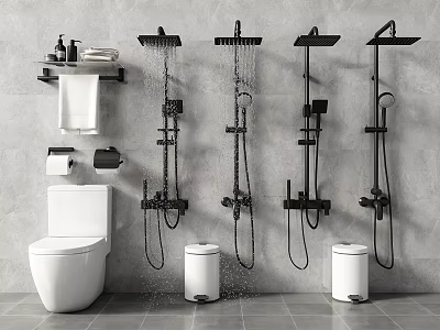 Various Modern Wall Mounted Shower Systems In Bathroom With Toilet Trash Cans And Towel Rack 3d model