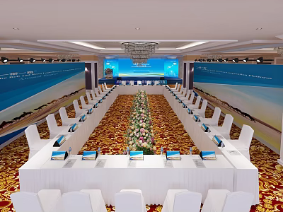 Elegant Conference Room With Long Table White Chairs Laptops Flower Arrangement And Blue Screens 3d model