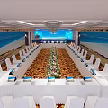Elegant Conference Room With Long Table White Chairs Laptops Flower Arrangement And Blue Screens