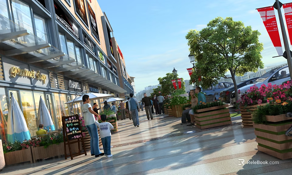 Vibrant Commercial Street with Shops Sunshades Pedestrians Trees Flower Boxes and Paved Ground 3d model 