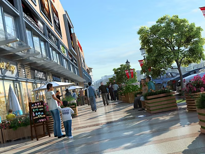 Vibrant Commercial Street with Shops Sunshades Pedestrians Trees Flower Boxes and Paved Ground 3d model