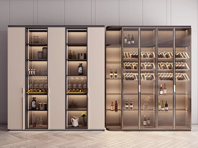 Elegant Modern Wine Cabinet Design With Glass Doors Tiered Shelves And Interior Lighting 3d model