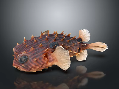 Spiky Brown Striped Porcupine Fish with Large Eyes and Light Fins on Dark Reflective Surface 3d model