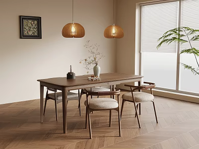 Modern Wooden Dining Table Set With Chairs Pendant Lights And Green Plants 3d model