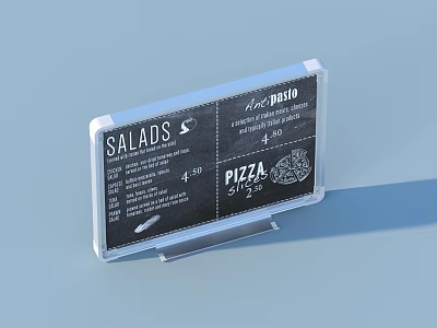 Transparent Acrylic Menu Holder With Black Menu For Salads And Pizza 3d model