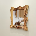 Mirror With Irregular Wooden Frame Reflecting Bedroom Scene With Bed And Pillows