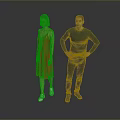 Two People Standing Together in Red Dress and Dark Green Shirt on Gray Background