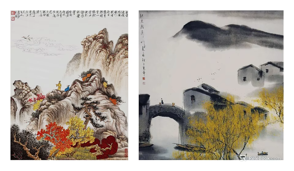 Traditional Chinese Paintings With Mountain Landscapes Red Leaves Village Scenes Bridge Willow Trees And Boats 3d model 