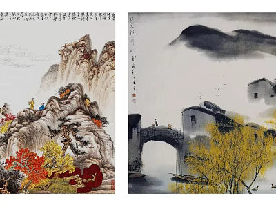 Traditional Chinese Paintings With Mountain Landscapes Red Leaves Village Scenes Bridge Willow Trees And Boats 3d model