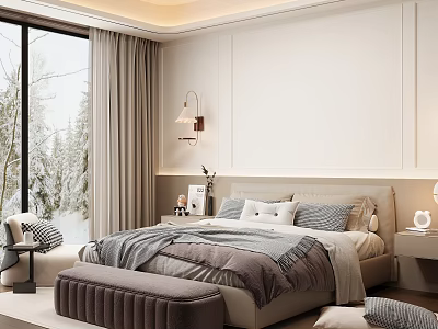 Modern Cozy Bedroom Interior With King Bed Snowy View Wall Sconce And Neutral Tones 3d model