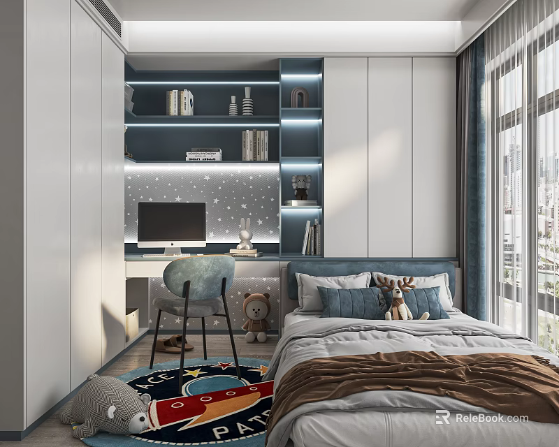 Modern Tatami Bedroom With Blue Gray Decor Bookshelf Desk Chair Colorful Rug And Window 3d model 