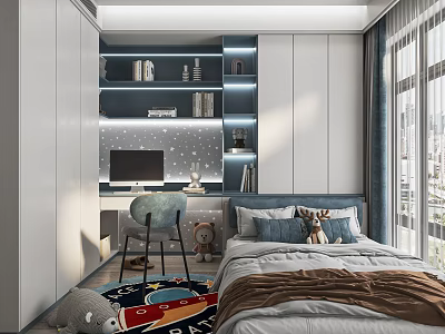 Modern Tatami Bedroom With Blue Gray Decor Bookshelf Desk Chair Colorful Rug And Window 3d model