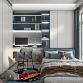 Modern Tatami Bedroom With Blue Gray Decor Bookshelf Desk Chair Colorful Rug And Window