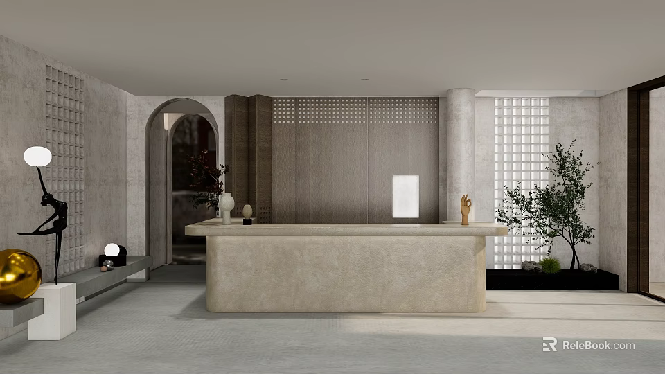 Modern Reception Desk Interior With Beige Marble Countertop Arched Doorway Lattice Wall And Potted Plant 3d model 