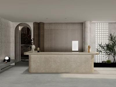 Modern Reception Desk Interior With Beige Marble Countertop Arched Doorway Lattice Wall And Potted Plant 3d model