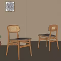 Leisure Chairs With Wooden Frame Wicker Backrest Light Brown Wall Decorative Painting And Small Potted Plant