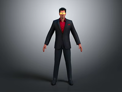 3D Game Movie Character In Black Suit Red Shirt With Yellow Glasses And Gray Background 3d model