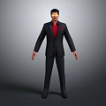 3D Game Movie Character In Black Suit Red Shirt With Yellow Glasses And Gray Background