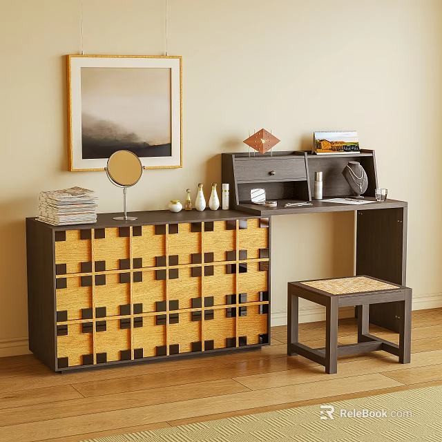 Stylish Dark Wood Vanity With Yellow Checkerboard Drawers Mirror And Stool 3d model 