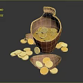 Antique Broken Clay Pot With Gold Coins Scattered Inside And Around