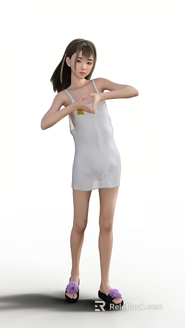 Woman In White Dress Making Heart Shape Gesture Standing On White Background 3d model 