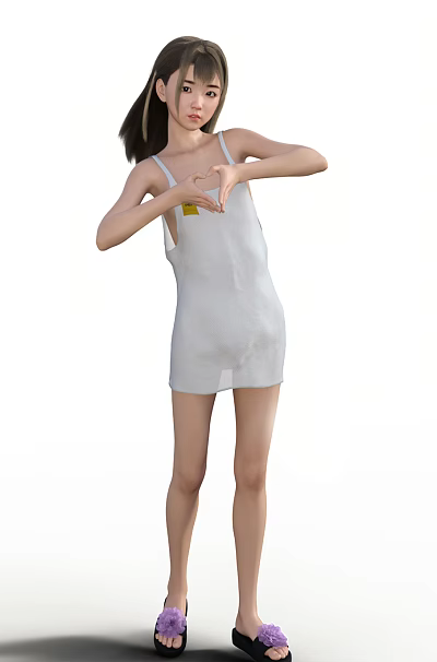 Woman In White Dress Making Heart Shape Gesture Standing On White Background 3d model