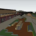 Lush Garden Landscape Design With Trees Walkway Benches And Brick Building For Pedestrians
